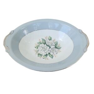 Elegant Floral Serving Platter - Blue Gray and White With Silver On Handle